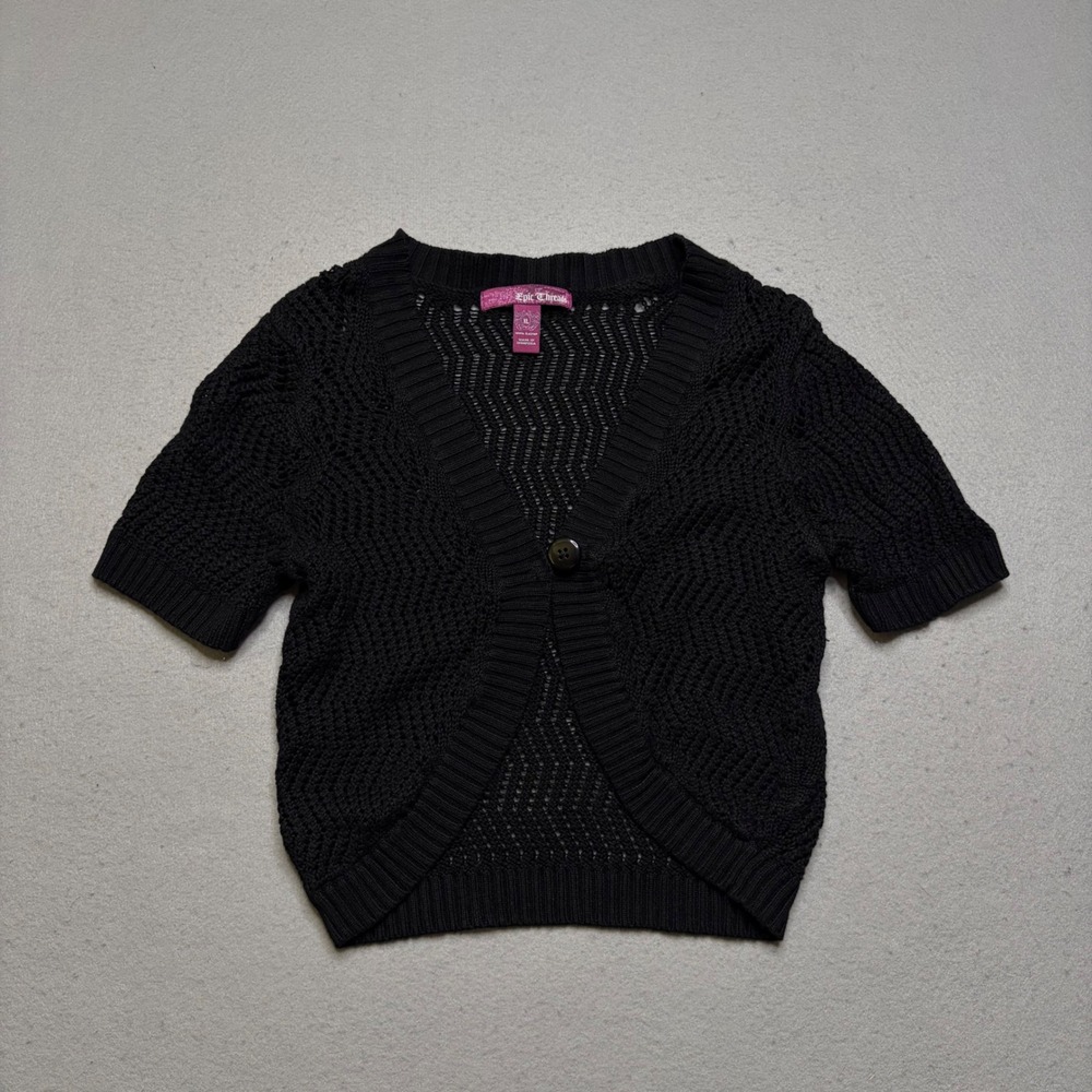 Epic Threads Cardigan Girls XL Black Short Sleeve Pointelle Open Knit Y2K Shrug